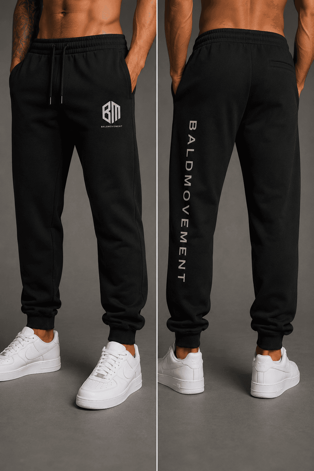Black Movement Joggers with BM logo at hip and BALDMOVEMENT text running down the leg
