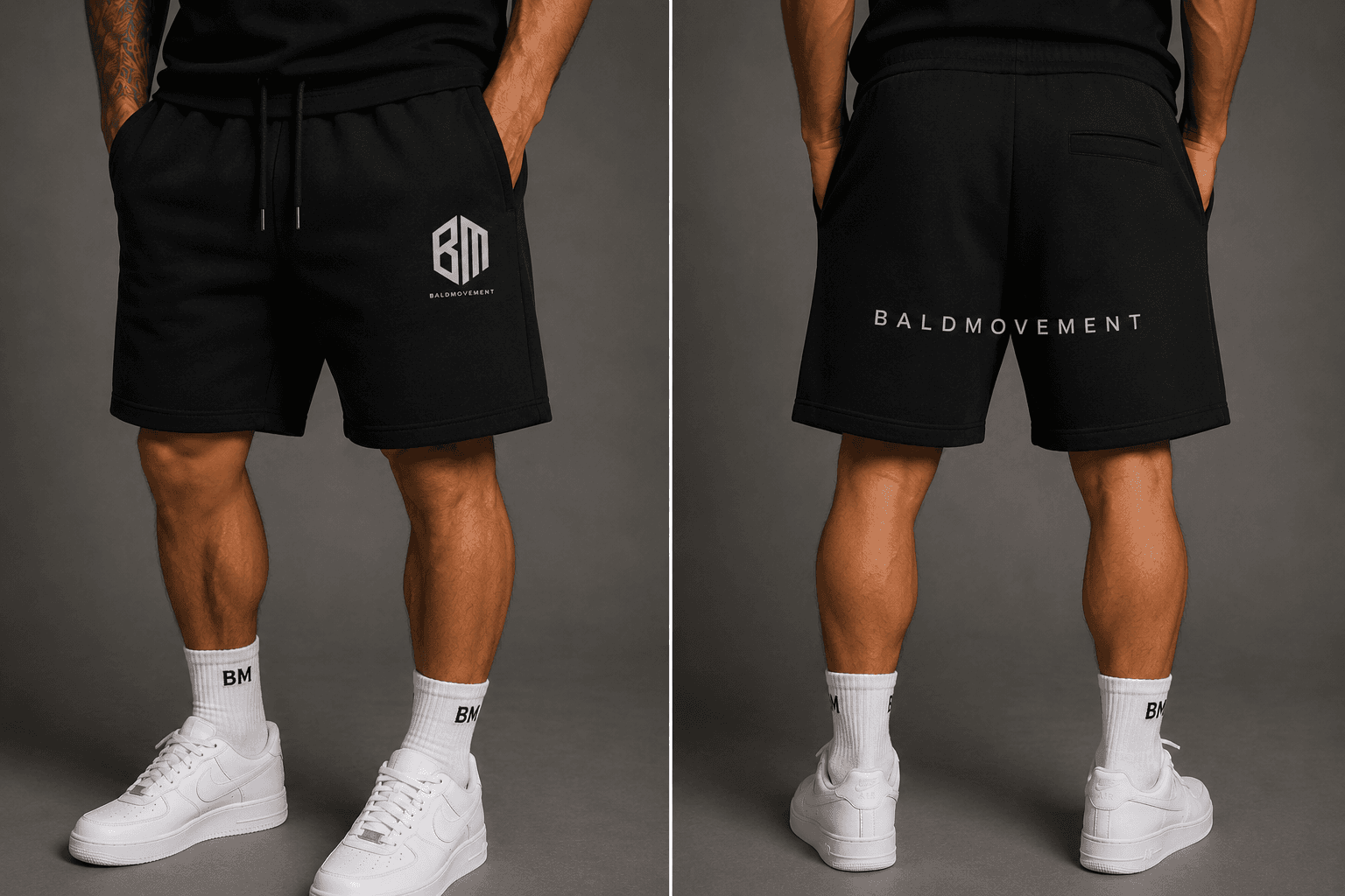 Black Essential Shorts with BM logo at hip and BALDMOVEMENT text on thigh