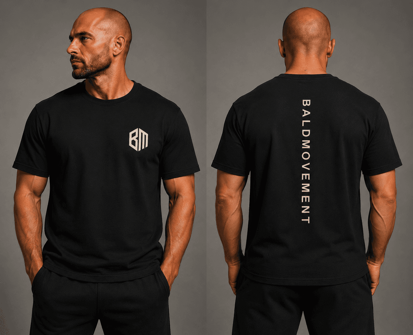Black Essential BM Tee with logo on chest and BALDMOVEMENT text running vertically down the back